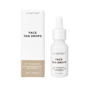 Youglowgirl Face Tan Drops Selbstbräuner 20ml, Dermatest zertifiziert, Hyaluronsäure, Vitamin B, Vorderseite, Rendering