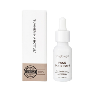 Youglowgirl Face Tan Drops Selbstbräuner 20ml, Dermatest zertifiziert, Hyaluronsäure, Vitamin B, Hinterseite